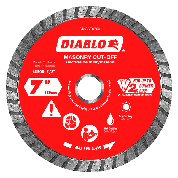 Diablo 7-inch diamond turbo cut-off disc with red center label and segmented gray cutting edge for masonry.