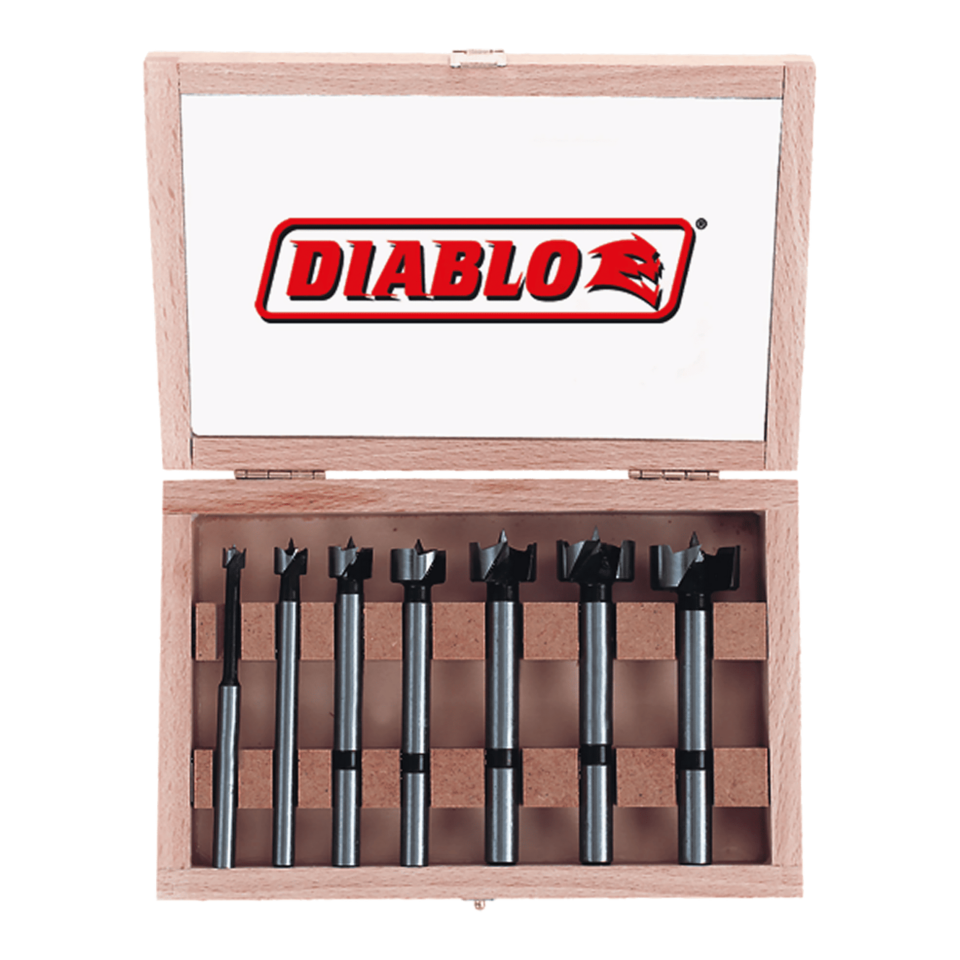 Seven Diablo Forstner bits with black cutting heads arranged in a wooden storage case with lid.