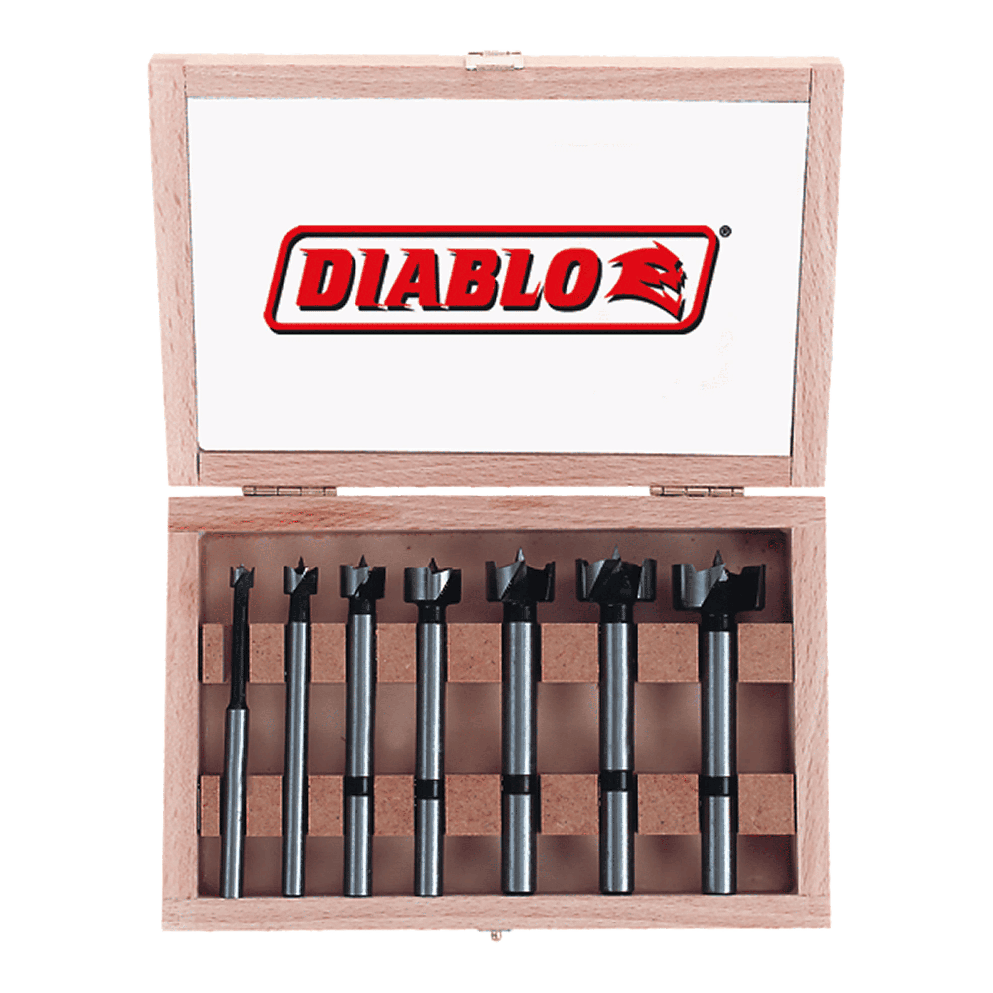 Seven Diablo Forstner bits with black cutting heads arranged in a wooden storage case with lid.