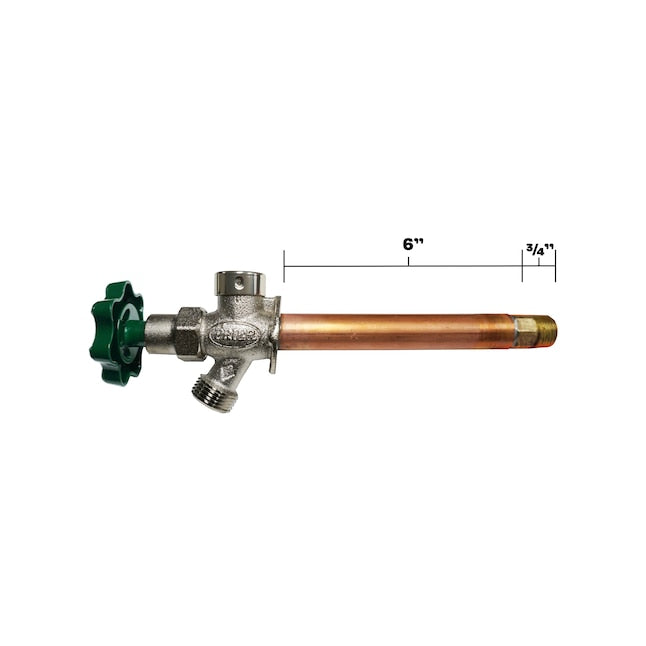 Prier wall hydrant with green handle, brass tube, and metal valve body with dimensions marked 6 inches and 3/4 inch.