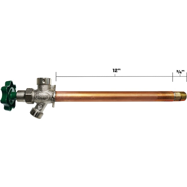 Brass wall hydrant with green handle, 12-inch copper tube, and threaded connections on left and right ends.