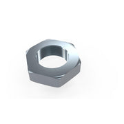 Polished stainless steel lock nut with hexagonal shape and threaded center hole.