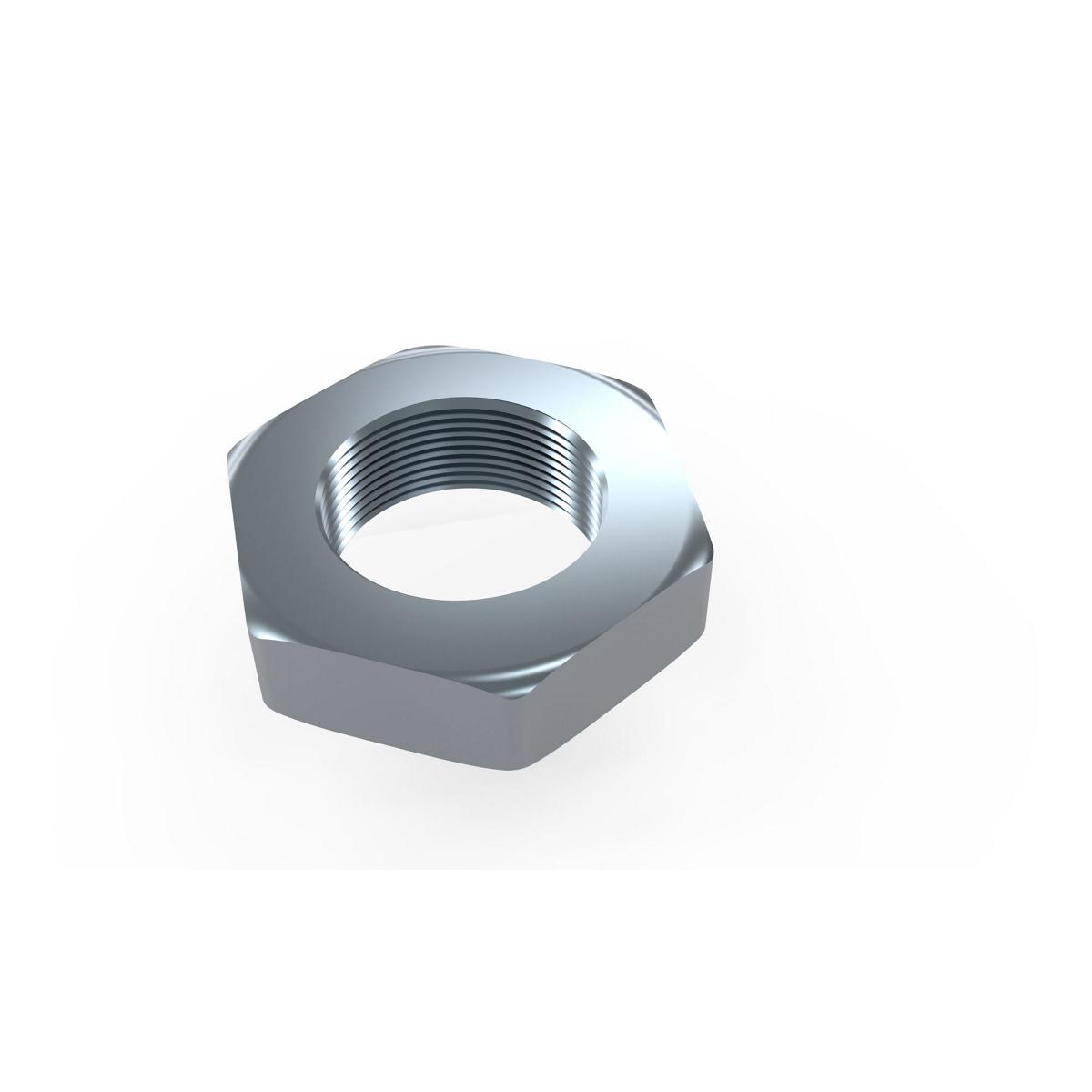 Polished stainless steel lock nut with hexagonal shape and threaded center hole.