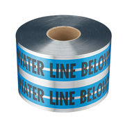Roll of blue and white detectable tape with "WATER LINE BELOW" text printed repeatedly on the surface.