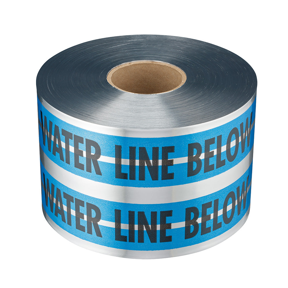 Roll of blue and white detectable tape with "WATER LINE BELOW" text printed repeatedly on the surface.