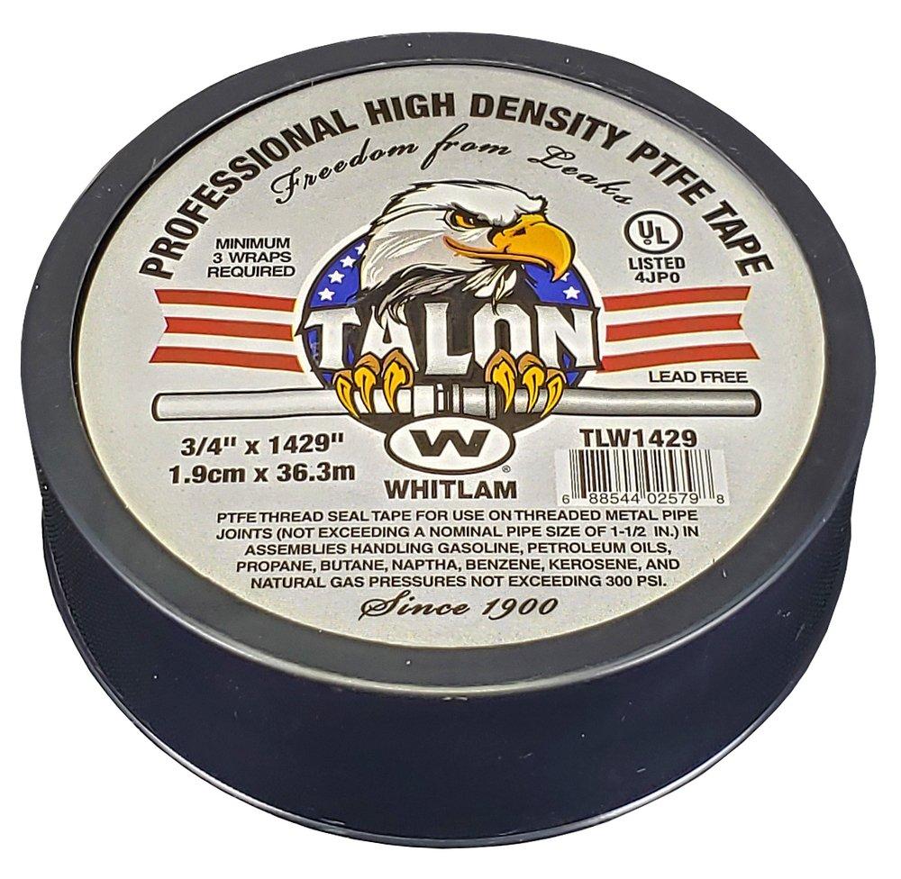 Gray roll of Whitlam Talon PTFE thread seal tape, 3/4" x 1429", with eagle logo and product labeling on spool.