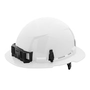 White full brim hard hat with black ratcheting suspension system and front accessories.