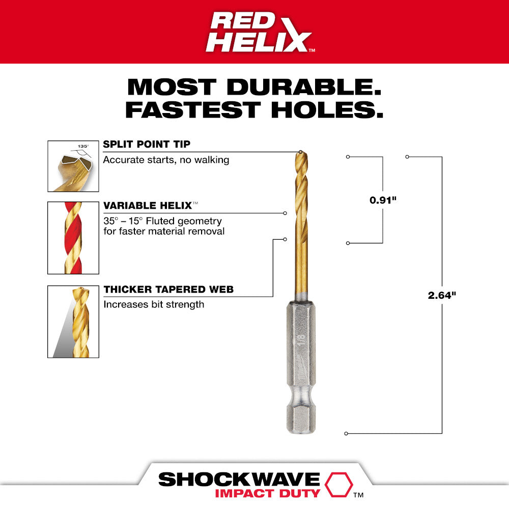 Titanium Shockwave drill bit with split point tip, variable helix flutes, and tapered web in gold and silver finish.