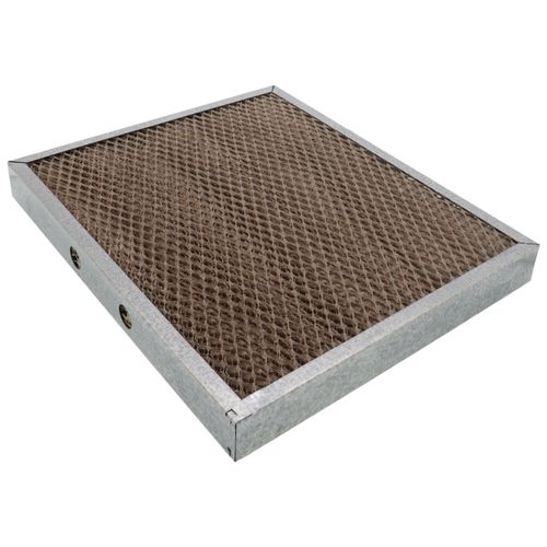 Brown pleated evaporator pad with white frame and mounting tabs.