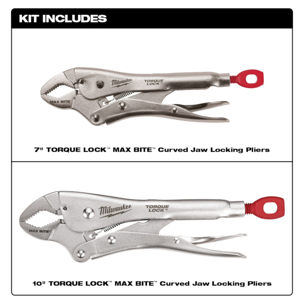 Two Milwaukee TORQUE LOCK locking pliers with curved jaws and red handles, one 7-inch and one 10-inch.