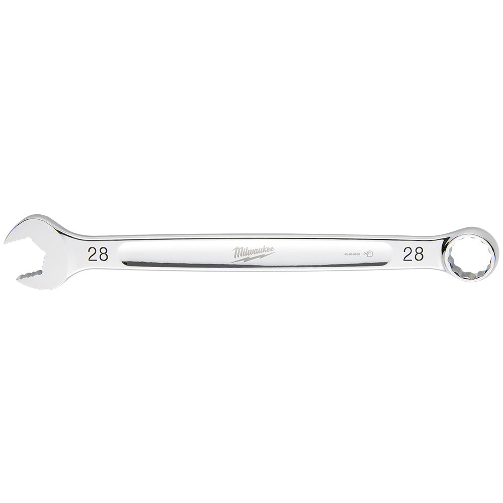 Silver 28MM combination wrench with open wrench head on left and circular ring head on right.