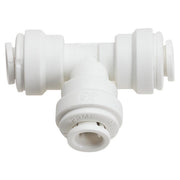 White plastic tee fitting with push-to-connect ports and PPMF marking on the bottom branch.