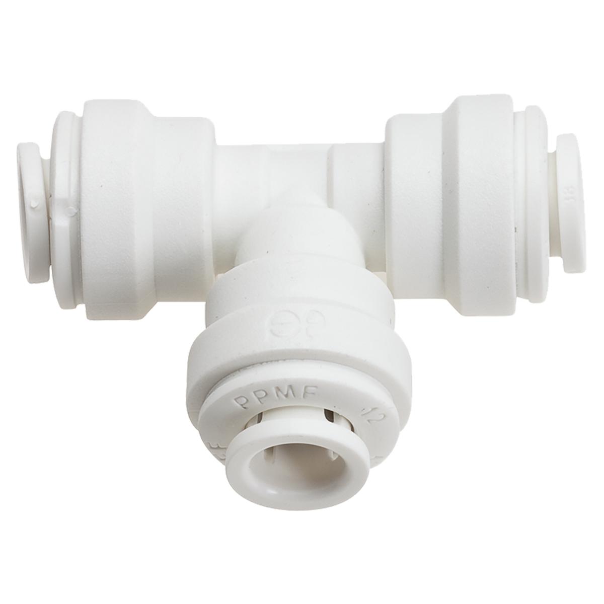 White plastic tee fitting with push-to-connect ports and PPMF marking on the bottom branch.