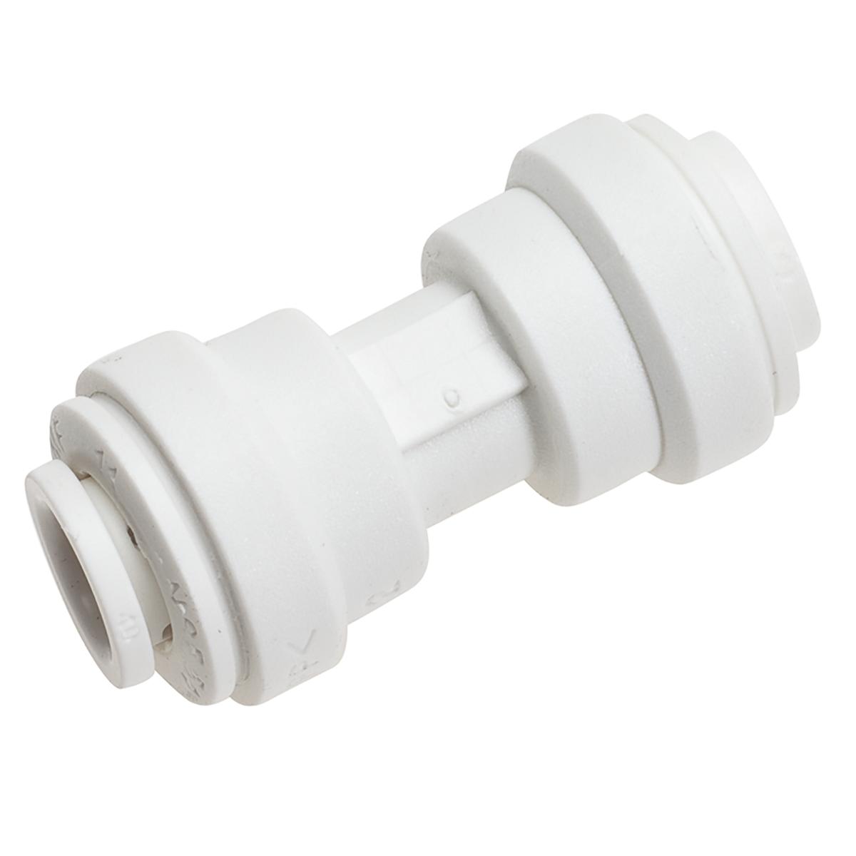 White plastic union fitting with 1/4" push-connect ports on each end.