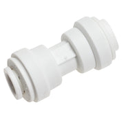 White plastic union fitting with 1/4" push-connect ports on each end.