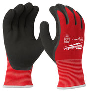 Red and black insulated work gloves with black foam coating on palms and fingers.
