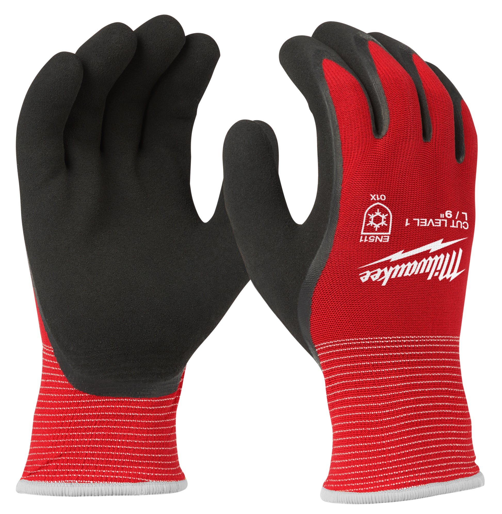 Red and black insulated work gloves with black foam coating on palms and fingers.