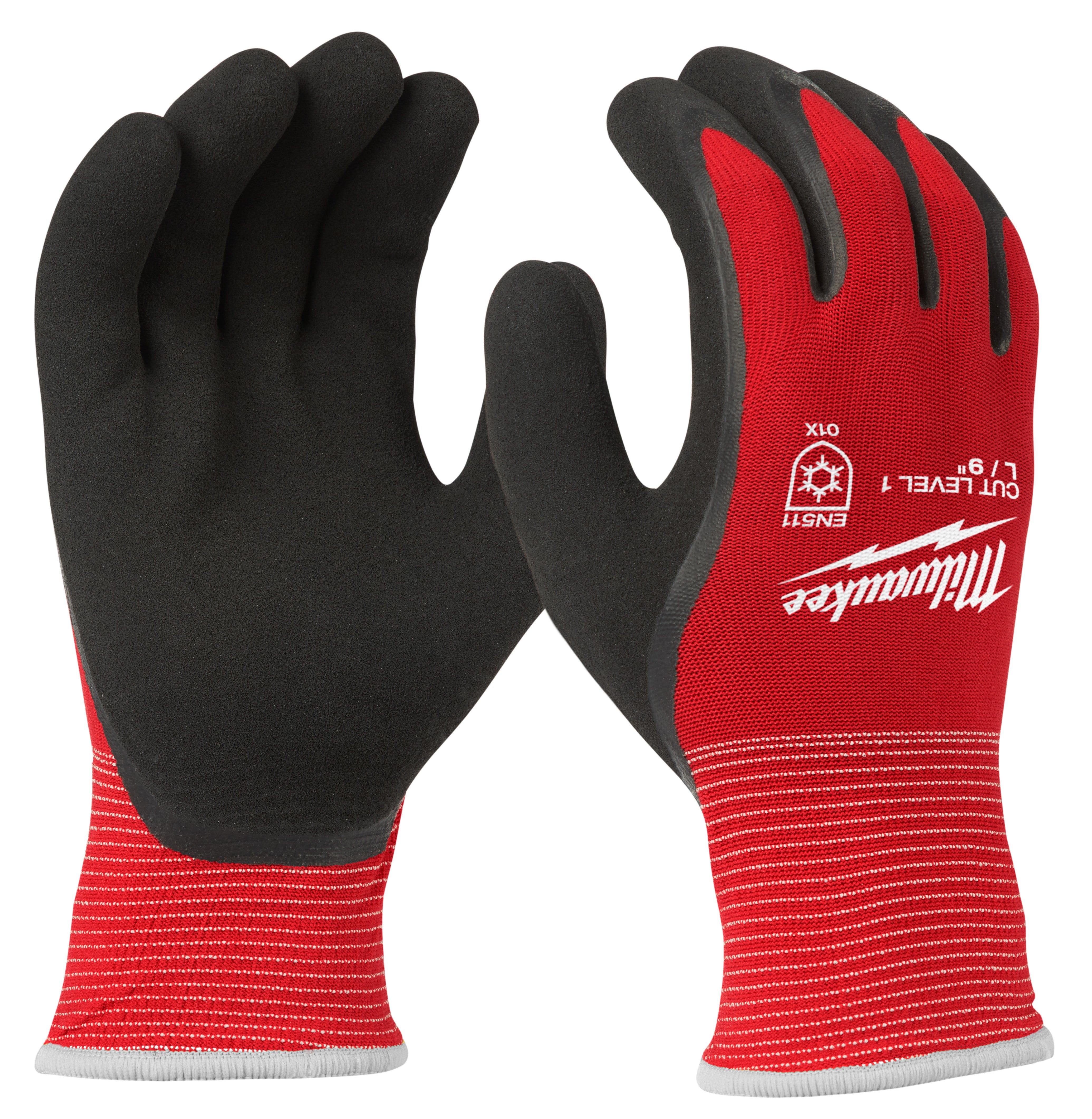 Red and black insulated work gloves with black foam coating on palms and fingers.