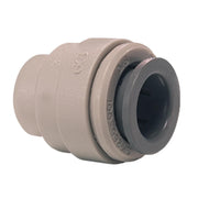 Beige and dark gray plastic drain plug with threaded connector and central opening.