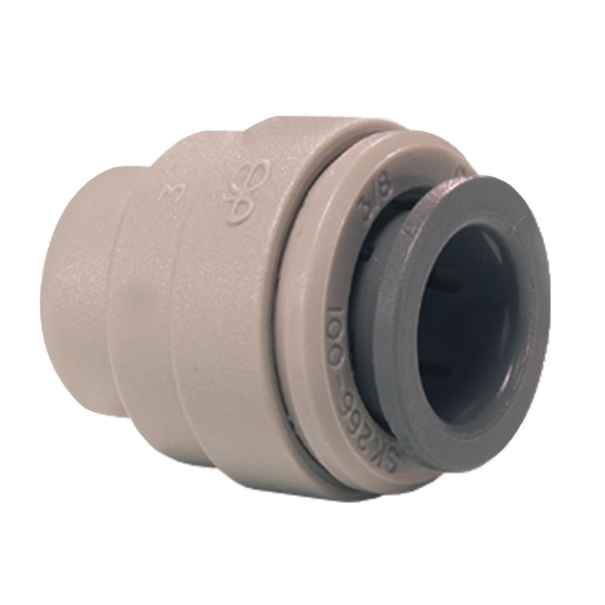 Beige and dark gray plastic drain plug with threaded connector and central opening.