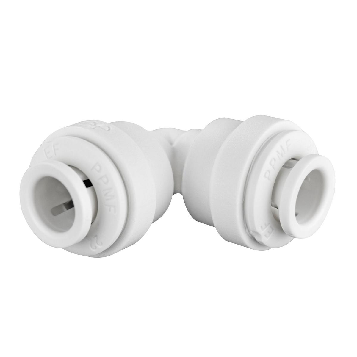 White plastic 90-degree elbow fitting with 1/4-inch quick-connect ports on both ends.