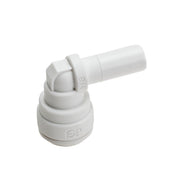 White plastic elbow fitting with 3/8" stem and 3/8" tube connections at 90-degree angle.