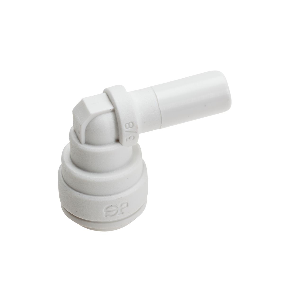 White plastic elbow fitting with 3/8" stem and 3/8" tube connections at 90-degree angle.