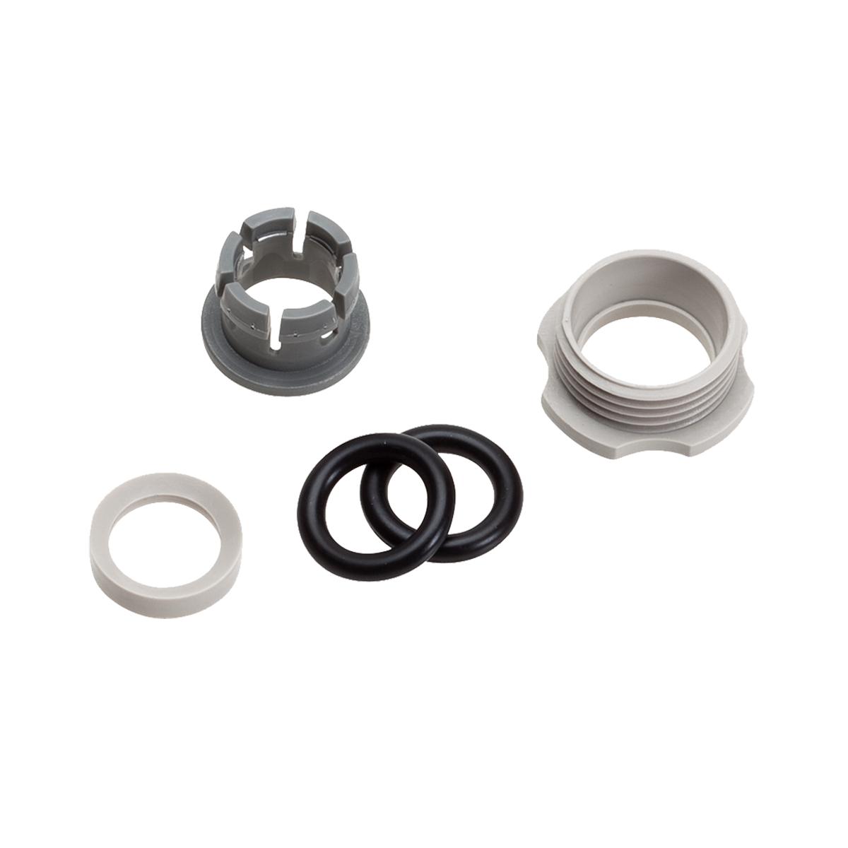 Elkay Superseal 3/8" fitting components including dark gray collar, light gray threaded nut, white washer, and two black rubb