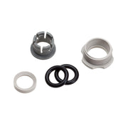 Elkay Superseal 3/8" fitting components including dark gray collar, light gray threaded nut, white washer, and two black rubb