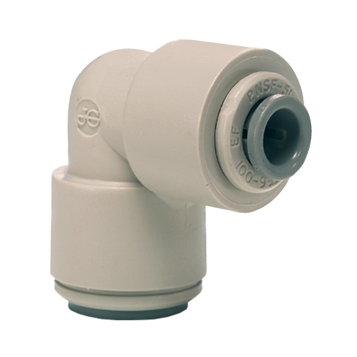 Beige plastic elbow fitting with 3/8" and 1/4" connection ports and gray push-fit connectors.
