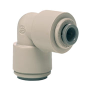 Beige plastic elbow fitting with 3/8" and 1/4" connection ports and gray push-fit connectors.