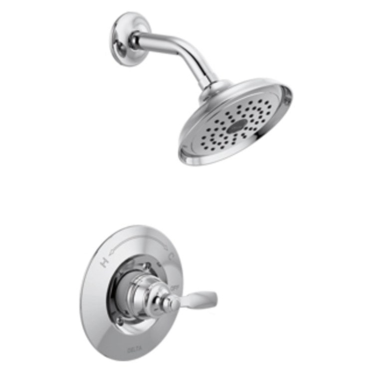 Chrome shower trim with round showerhead and wall-mounted valve control with single lever handle.