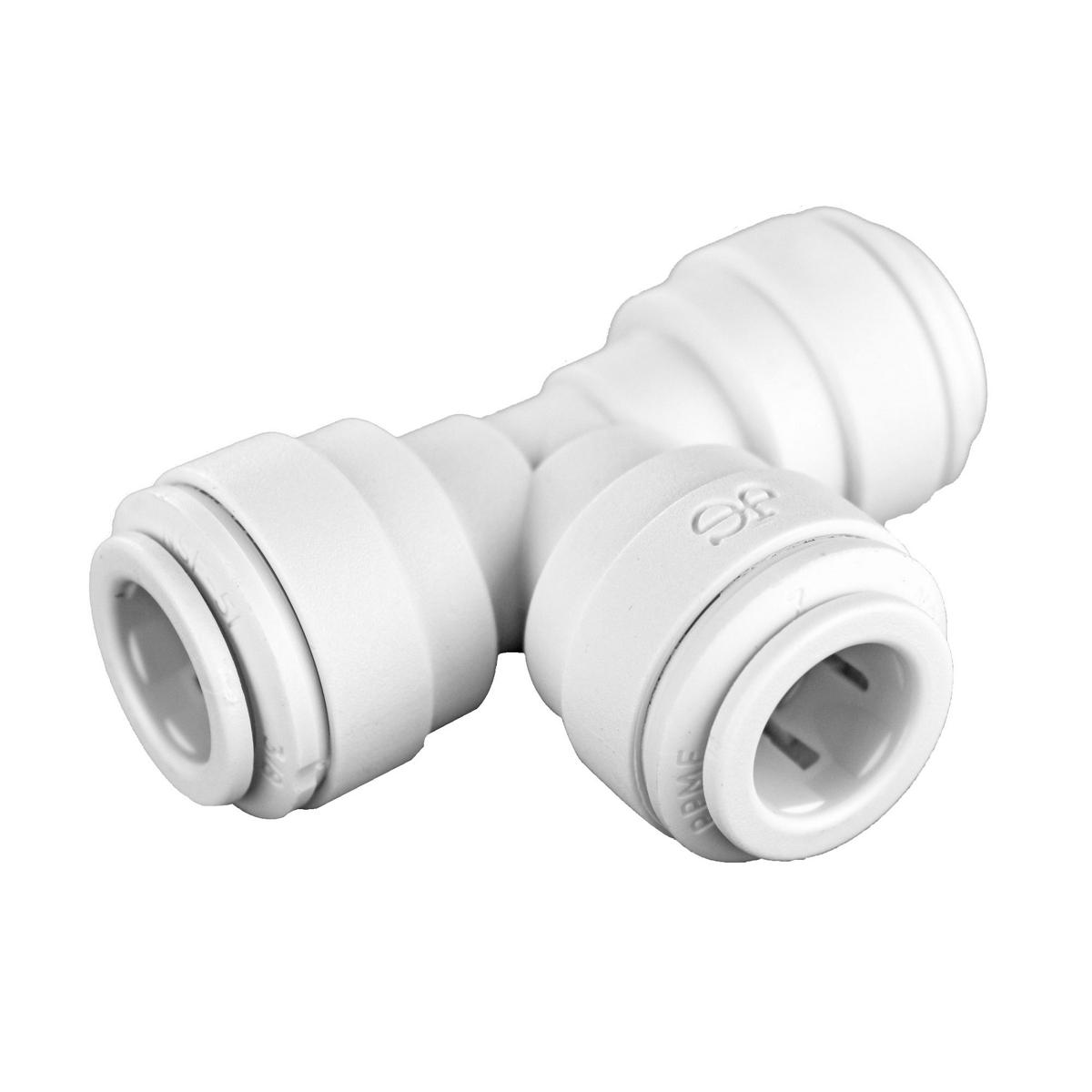White plastic tee fitting with three connection ports, 3/8" size for plumbing or water line applications.