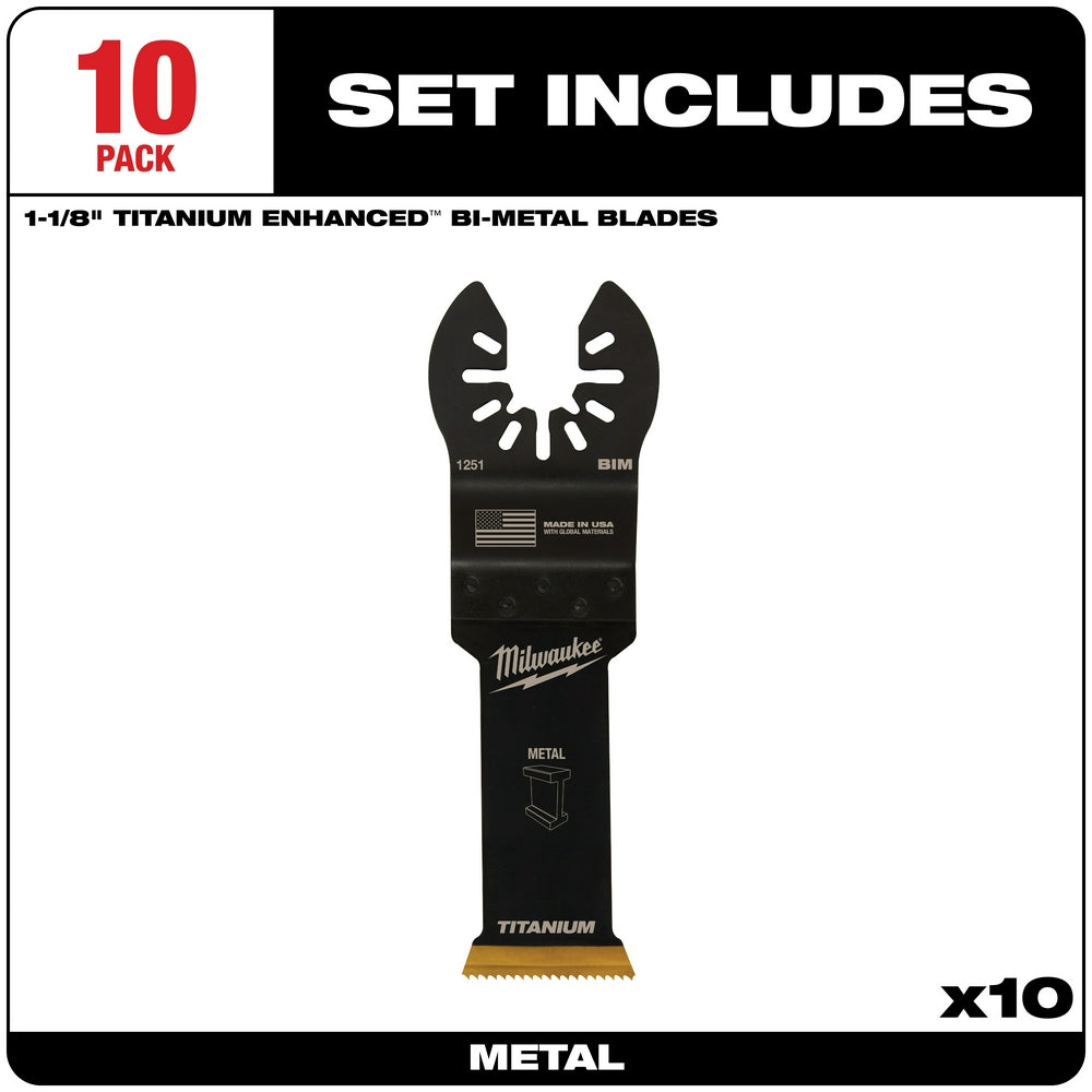 Black 1-1/8" titanium enhanced bi-metal oscillating saw blade with open-lok connection and serrated cutting edge, shown as si