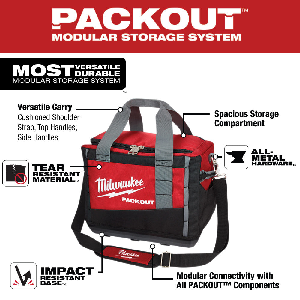 Red and black Milwaukee PACKOUT tool bag with gray handles, tear-resistant material, and metal hardware for modular storage.