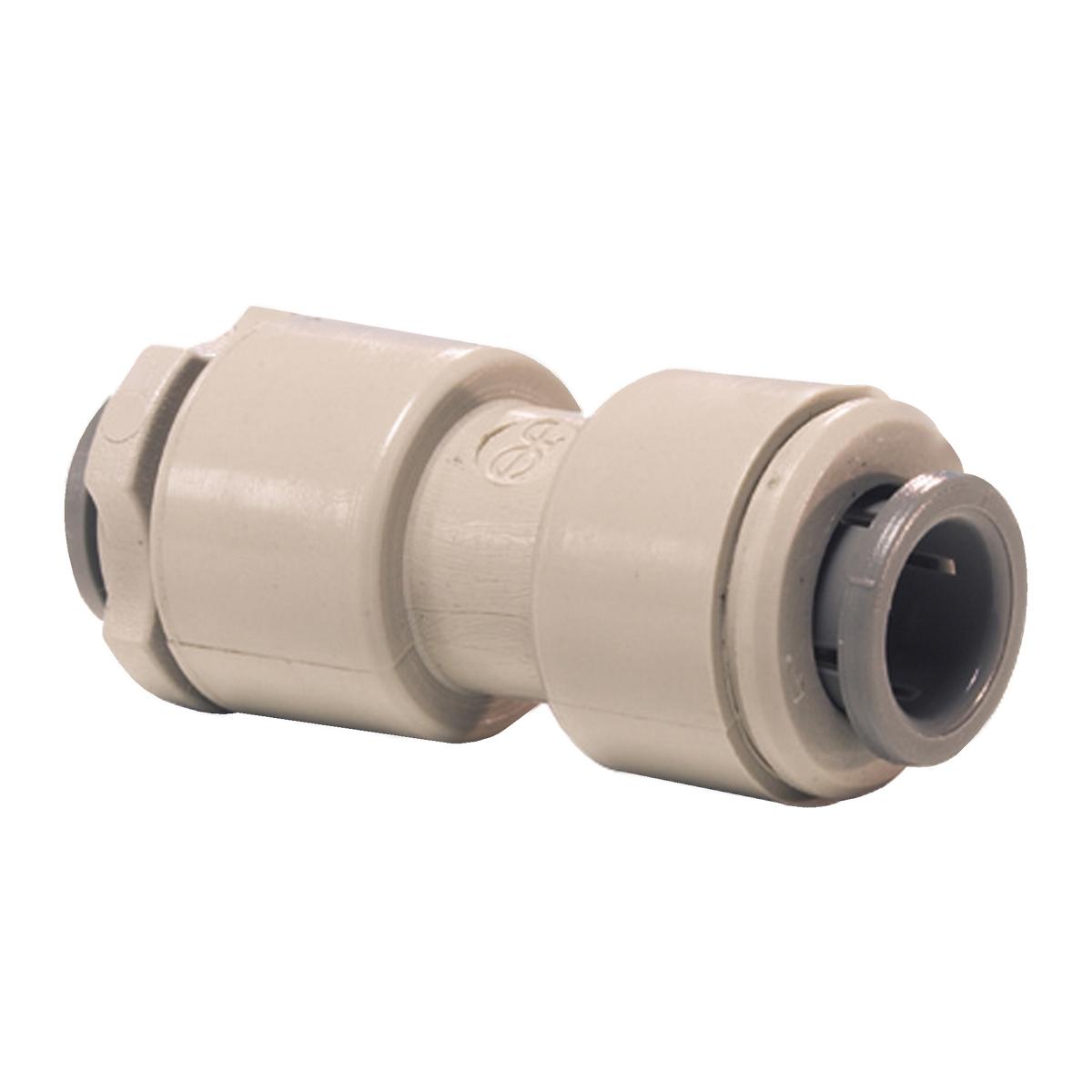 Beige plastic union fitting with two 3/8" OD push-connect ports and center coupling nut.