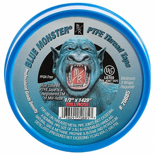 Blue Monster PTFE pipe thread tape roll, 1/2 inch width by 1429 inches length, displayed in circular blue packaging.