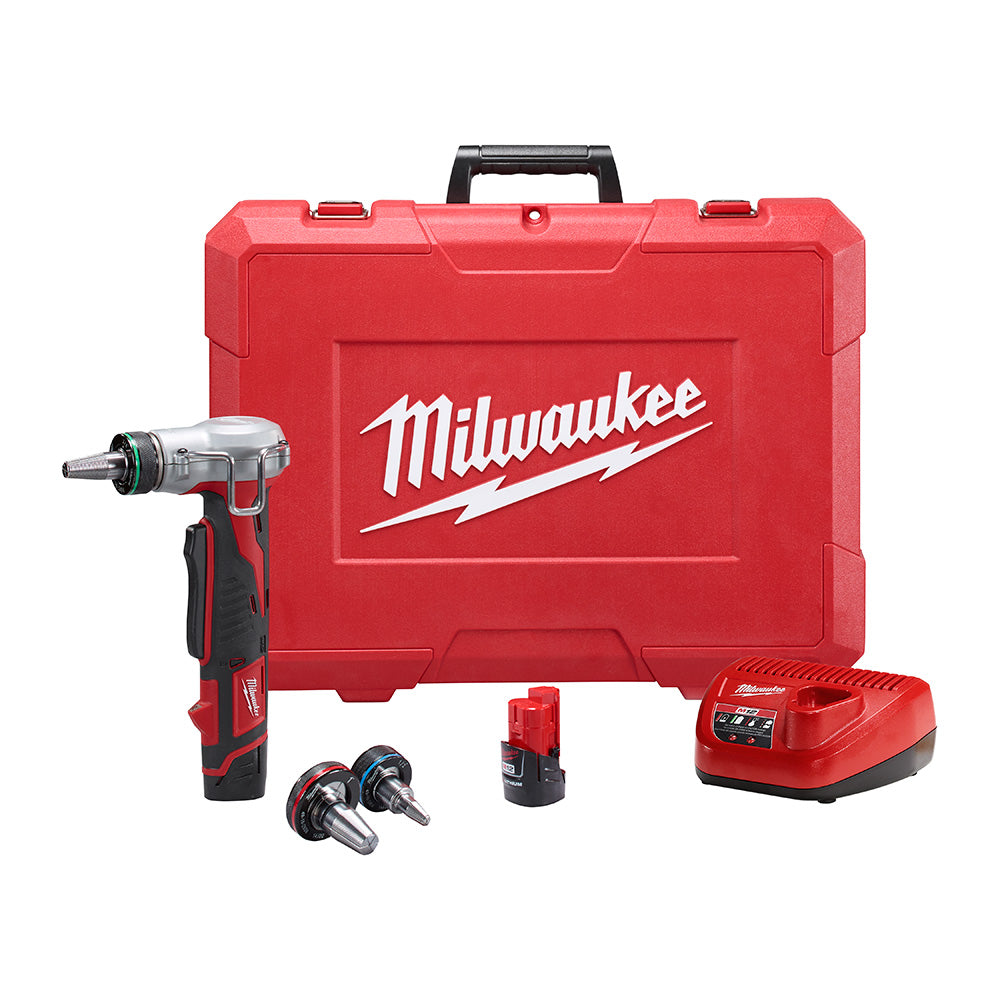 Milwaukee M12 ProPEX expansion tool kit with red carrying case, cordless tool, two expansion heads, battery, and charger.