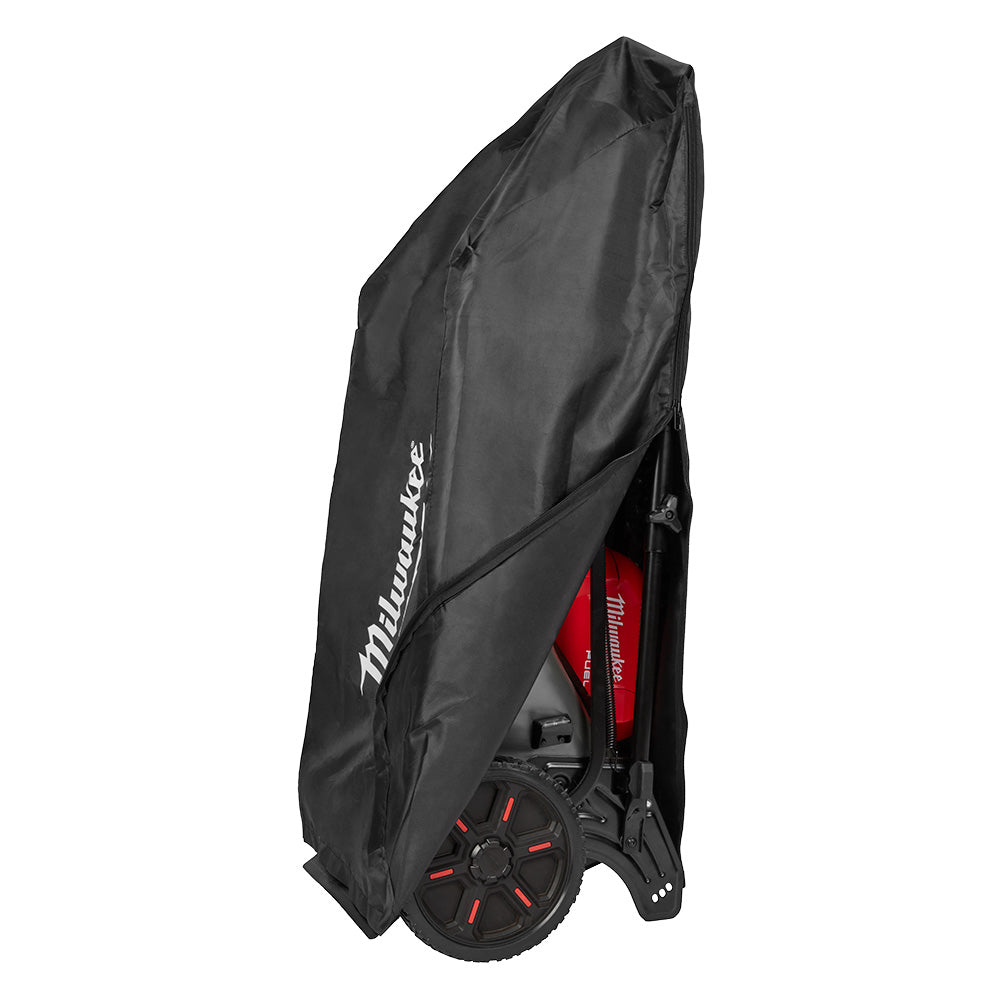 Black protective cover with Milwaukee branding draped over a 21-inch push mower with red accents.