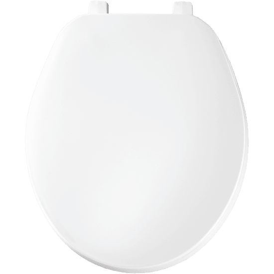 White round plastic toilet seat with metal hinges at top.