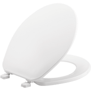 White round plastic toilet seat with hinges and lid in closed position.
