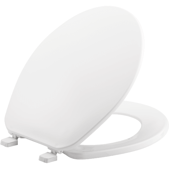 White round plastic toilet seat with hinges and lid in closed position.