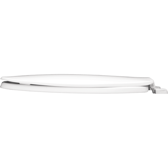 White round plastic toilet seat with hinges on the right side, shown from above at an angle.