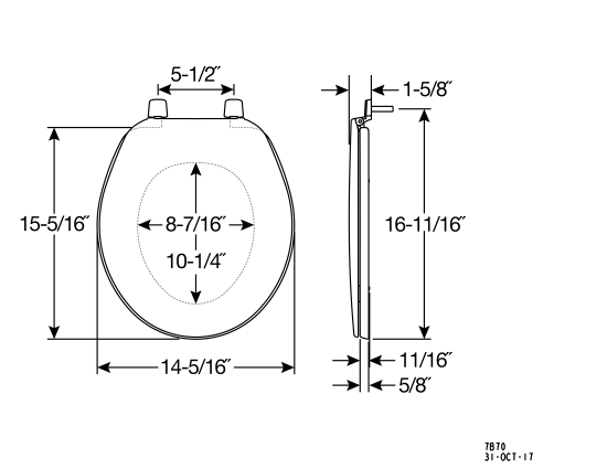 White round plastic toilet seat with Top-Tite hinge and dimension specifications shown.