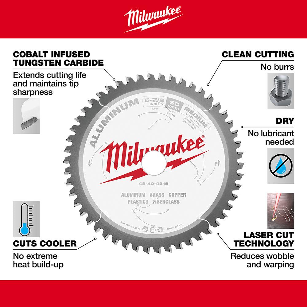 Milwaukee 5-7/8 inch aluminum cutting circular saw blade with cobalt tungsten carbide teeth and laser cut design.