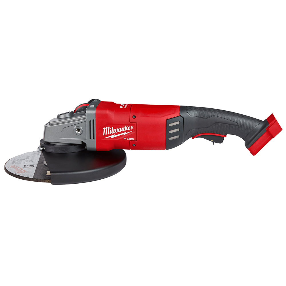Milwaukee M18 FUEL large angle grinder with red body, black grip, and grinding disc.