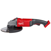 Milwaukee M18 FUEL large angle grinder with red body, black grip, and grinding disc.