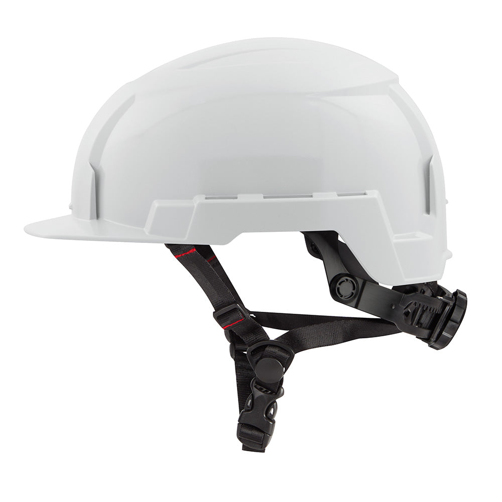 White safety helmet with front brim, black chin strap and suspension system visible from side angle.