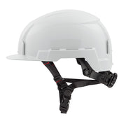 White safety helmet with front brim, black chin strap and suspension system visible from side angle.
