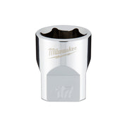 Silver and black Milwaukee 17mm metric 6-point socket with 3/8 inch drive, showing hexagonal opening.